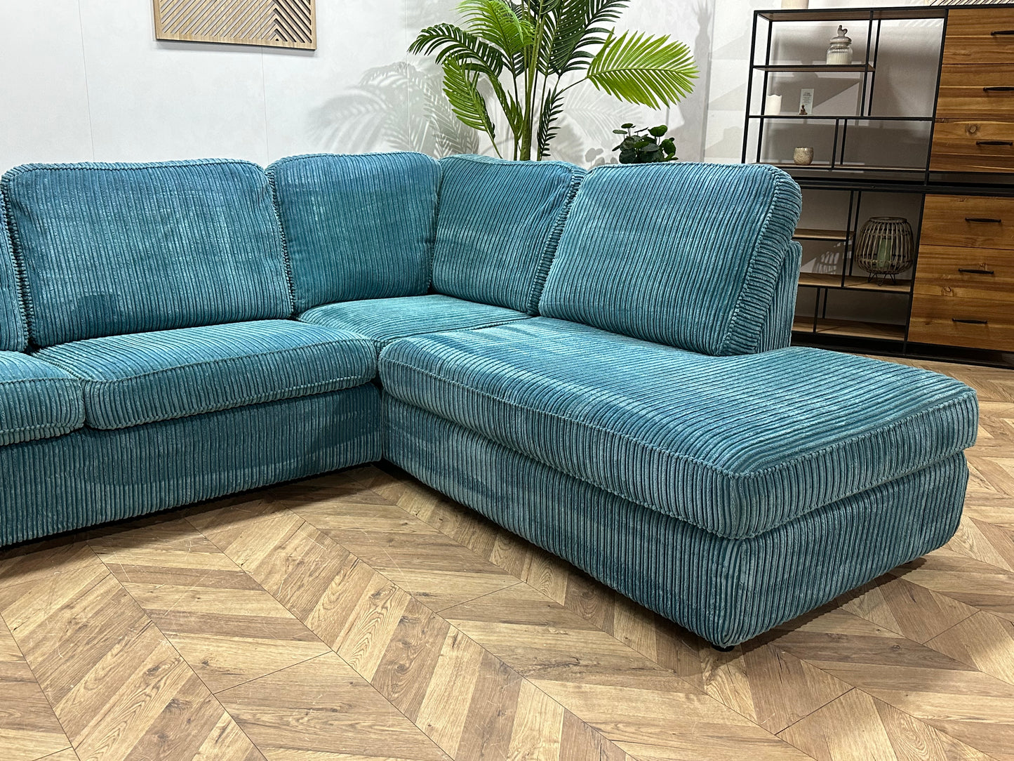 Licht Blauwe Ribstof Hoekbank ~ Losse Kussens Met Afneembare Hoezen