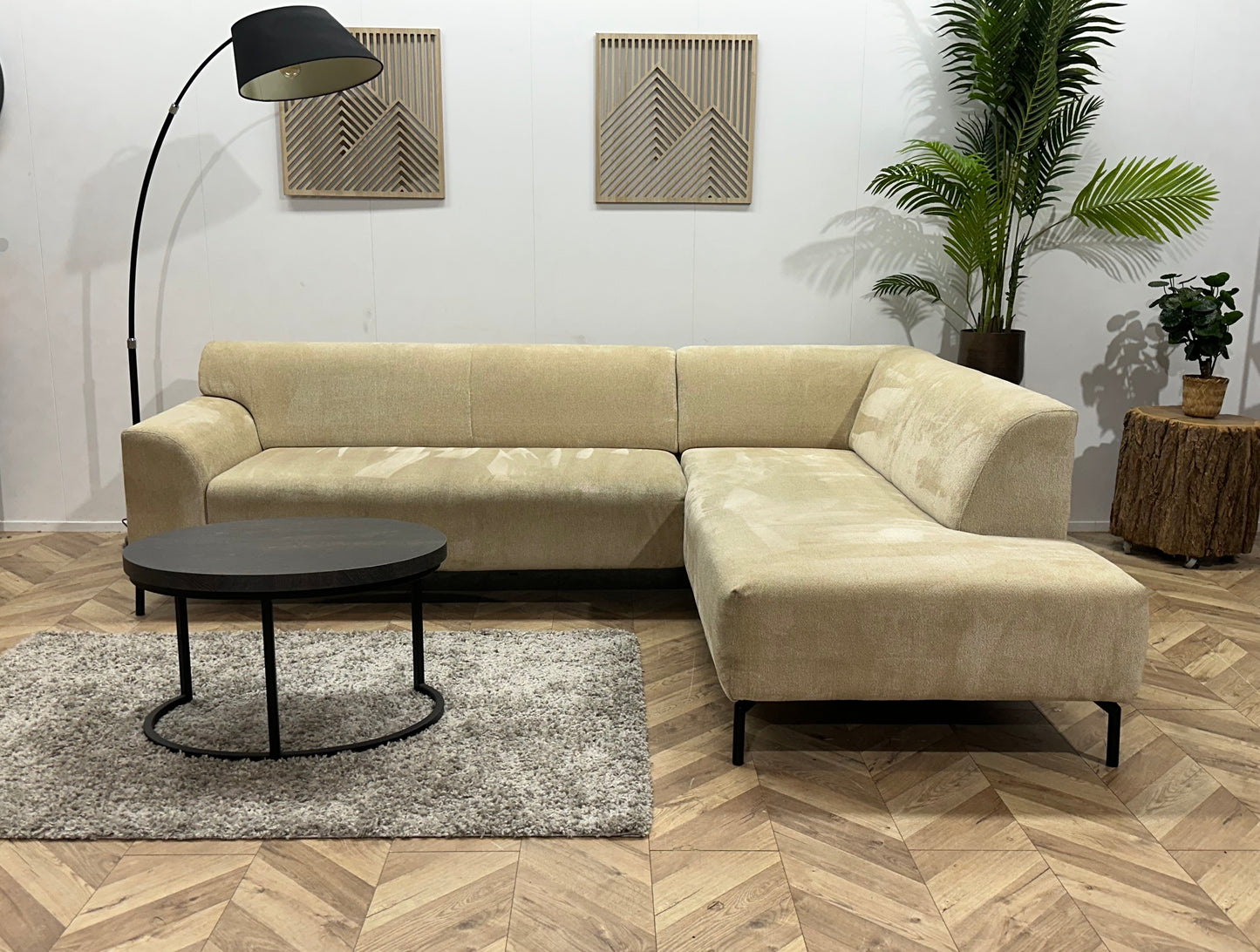 Crème Bouclé Stoffen Hoekbank ~ Vaste Kussens