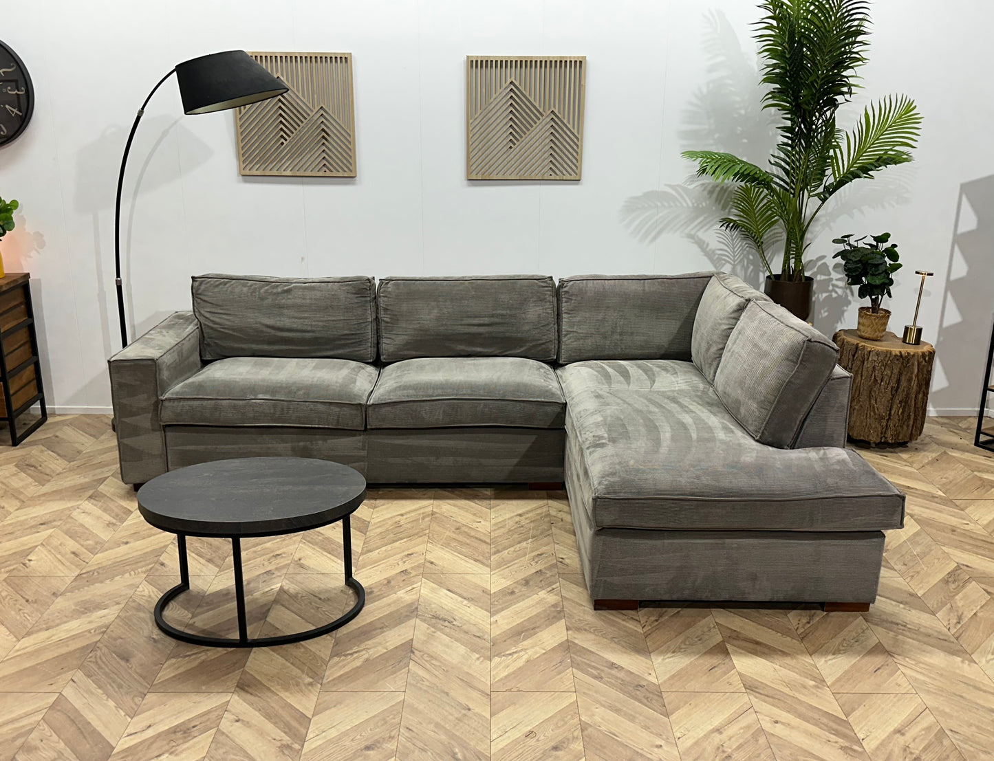 Woood Grijze Ribstof Hoekbank ~ Losse Kussens Met Afneembare Hoezen