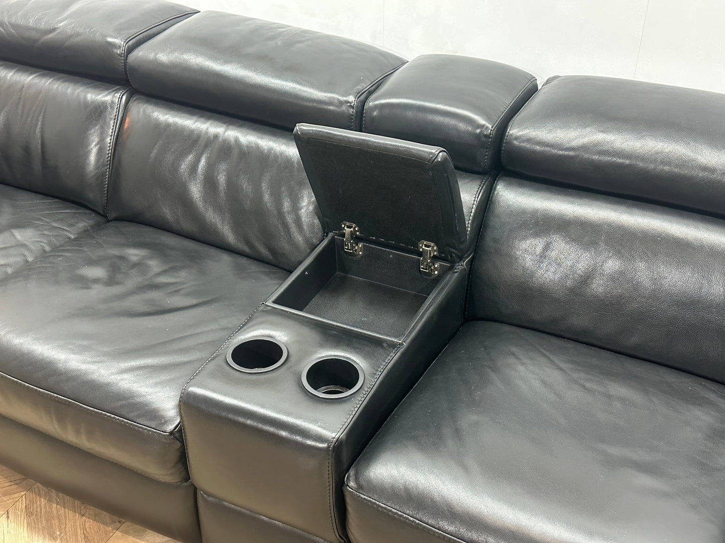 Zwart Echt Lederen Ruime Hoekbank ~ Relaxfunctie ~ Kleine Opbergruimte ~ Verstelbare Hoofdsteunen