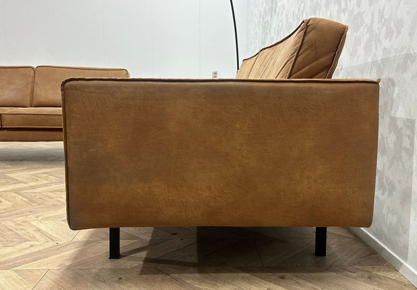 Cognac Bruine Suede Lederen Banken Set ~ Losse Kussens Met Afneembare Hoezen