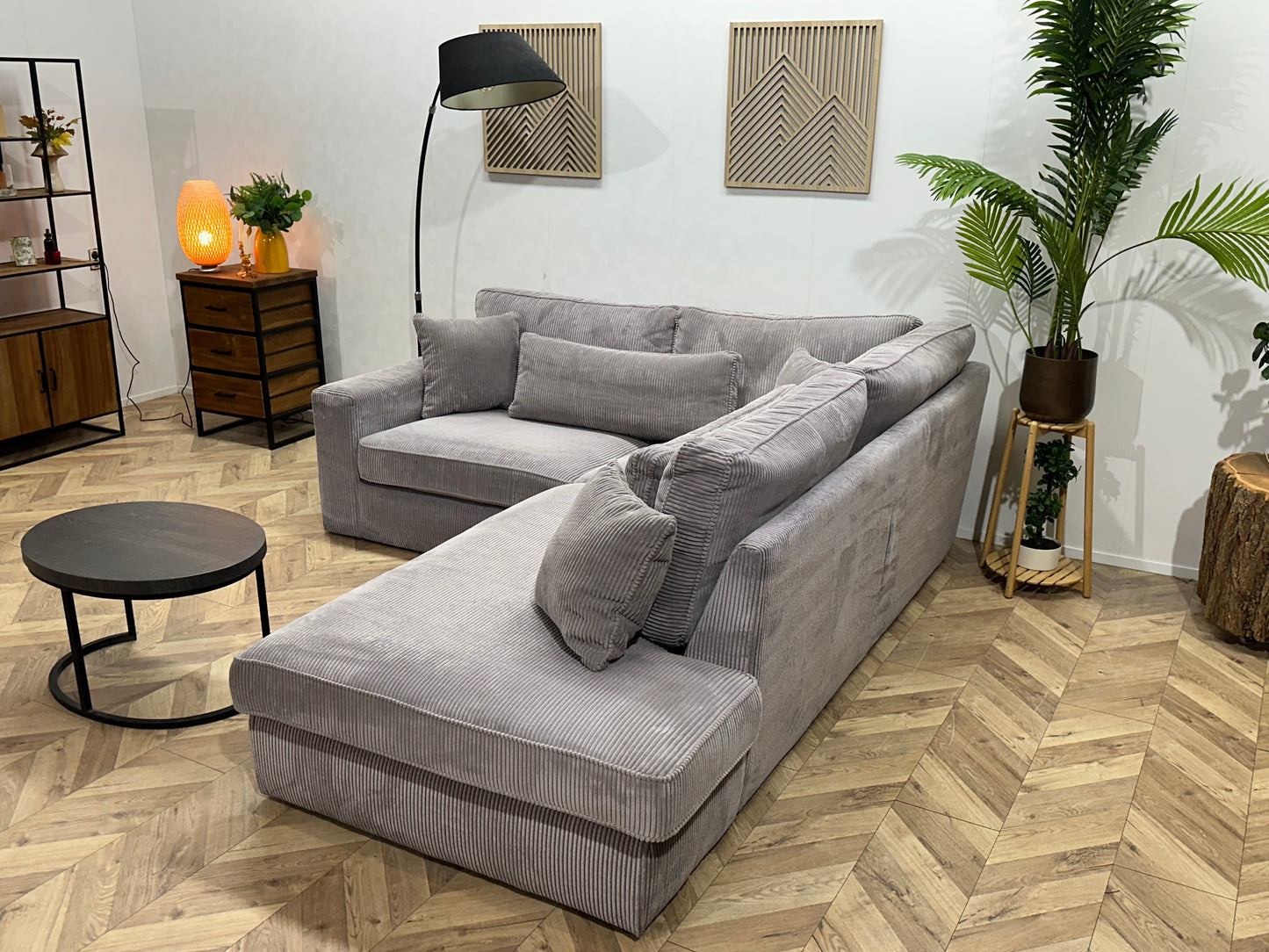 Licht Grijze Ribstof Hoekbank ~ Losse Kussens Met Afneembare Hoezen