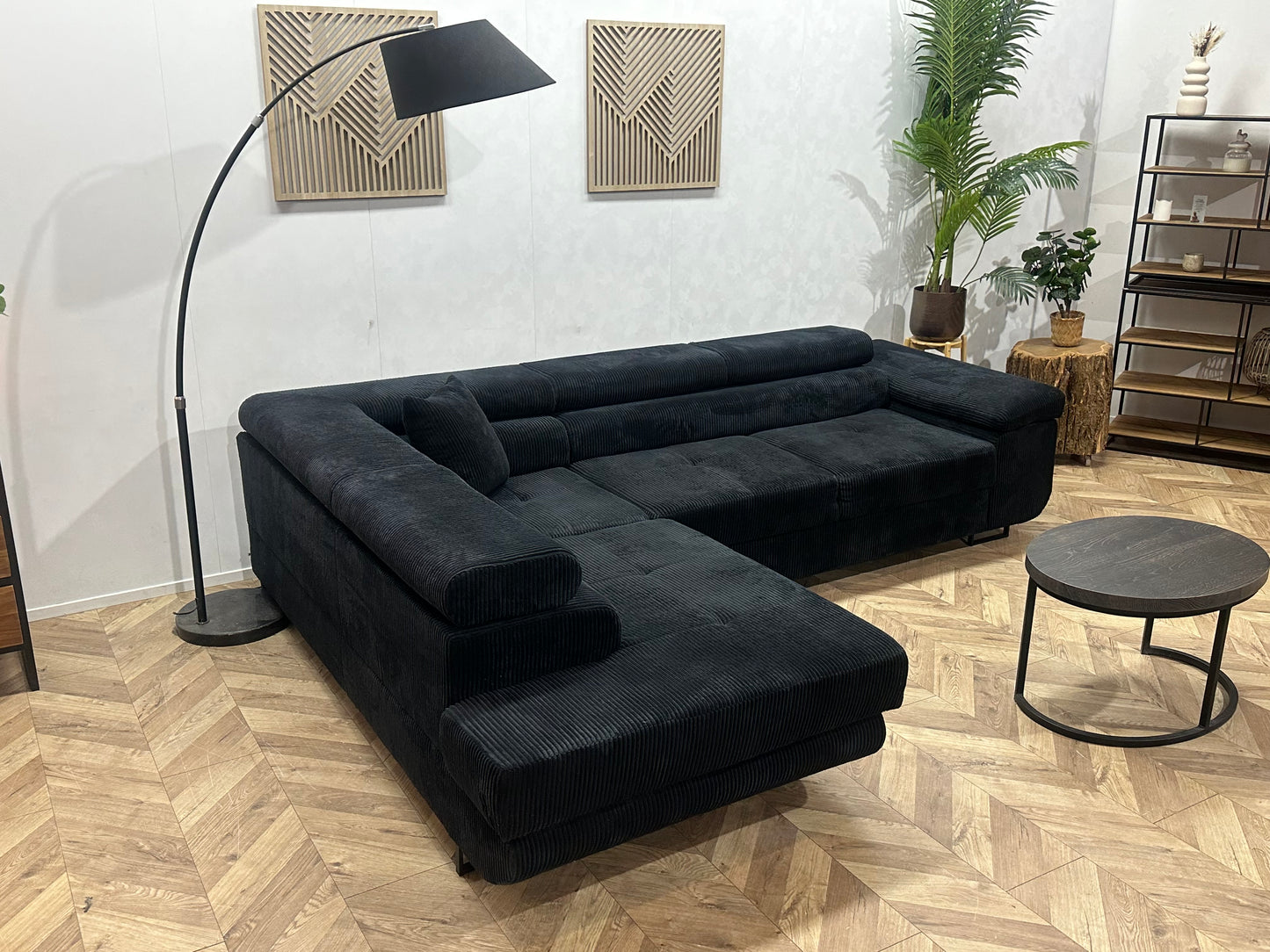 Zwart Ribstof Hoekbank ~ Verstelbare  Hoofdsteunen