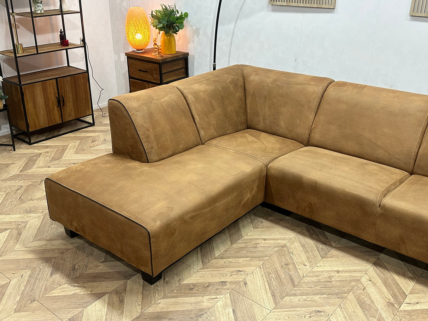 Cognac Bruine Suède Stoffen Hoekbank ~ Vaste Kussens