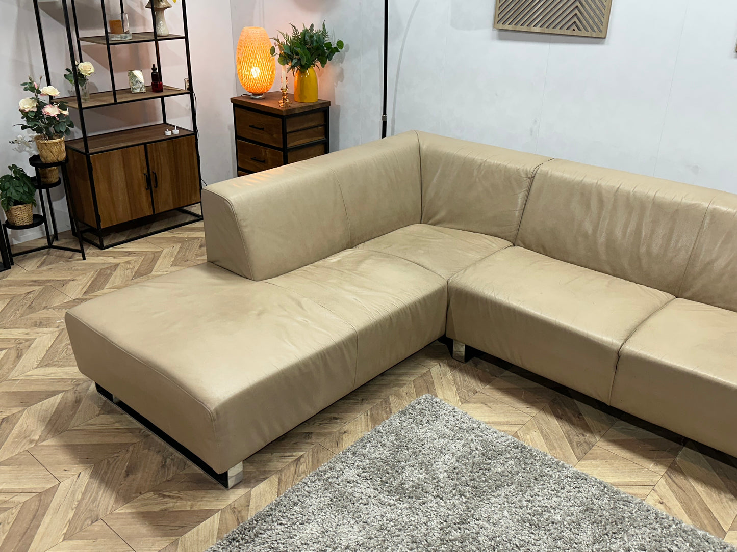 Goossens Crème Echt Lederen Hoekbank ~ Vaste Kussens