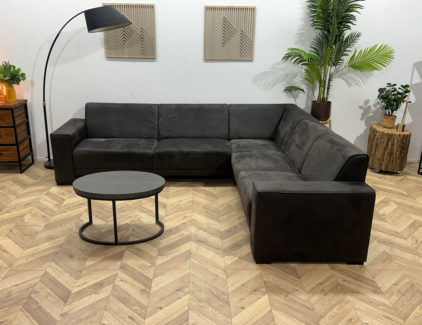 !Showroommodel! Antraciet Suède Stoffen Hoekbank ~ Vaste Kussens
