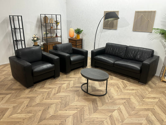 Zwarte Echt Lederen 2.5-Zits Bank Inc Fauteuils ~ Vaste Kussens