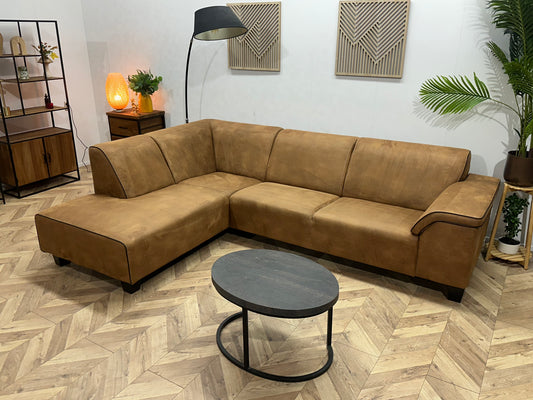 Cognac Bruine Suède Stoffen Hoekbank ~ Vaste Kussens