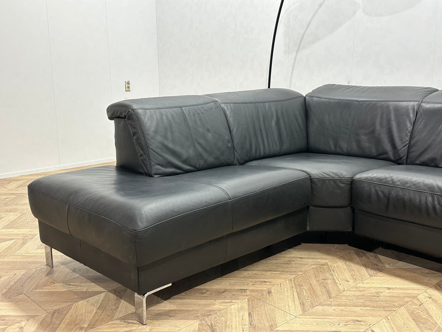 Zwart Echt Lederen Hoekbank ~ Verstelbare Hoofdsteunen