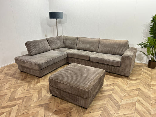 Grijze Ribstof Hoekbank Inc. Hocker ~ Losse Kussens Met Afneembare Hoezen
