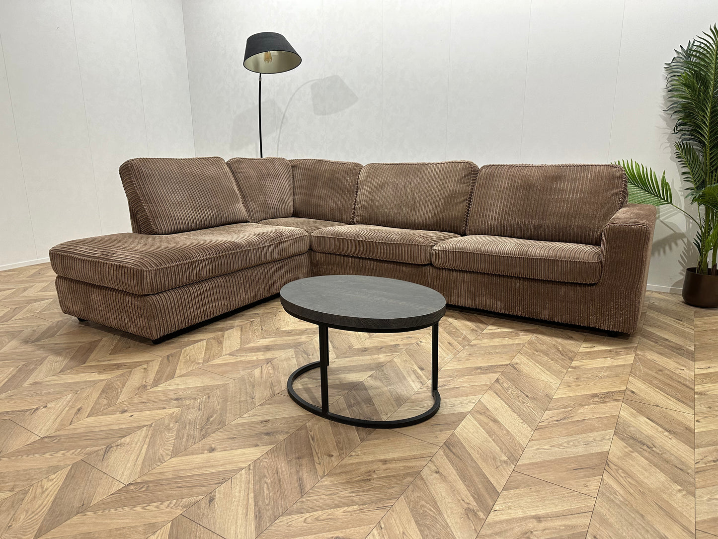 Licht Bruine Ribstof Hoekbank ~ Losse Kussens Met Afneembare Hoezen