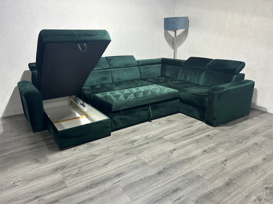 !Showroom Model! Donker Groene Velvet U Bank ~ Slaapfunctie ~ Opbergruimte